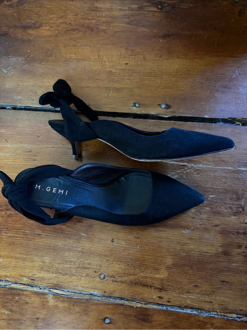M. Gemi Black Suede Pointed Slingback Kitten Heels with Ankle Tie